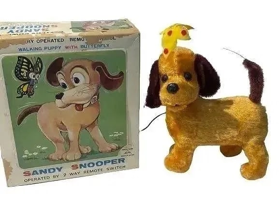 Sandy Snooper with butterfly Dog Toy battery operated: Vintage Sandy Snooper with butterfly Dog Toy battery operated, comes in the original box.