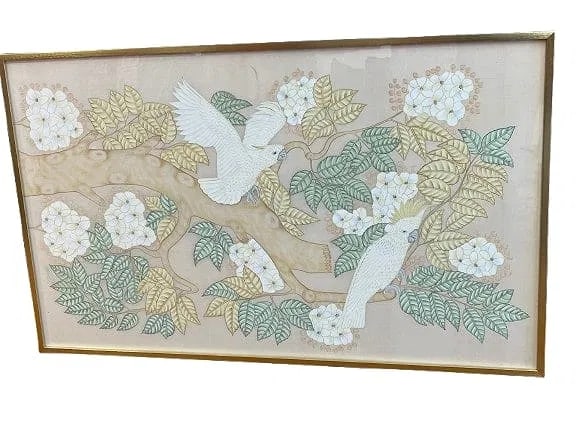 A large hand painted Cockatoo birds on lavish tropical flowers: A large hand painted Cockatoo birds on lavish tropical flowers. a beautifully executed painting of two Cockatoo birds by a good hand. Not signed. The large glass covered frame measuring 33 1/2 inches