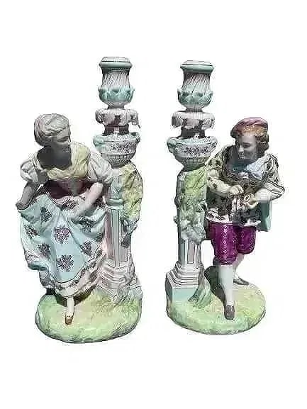 Pair of antique French Vion & Baury porcelain candleabras: Pair of antique early 19th century French Vion & Baury porcelain candelabras.Each piece has the Anchor mark logo stamp on the bottom. Very detailed hand painted pair antique French Porcelain candle ho