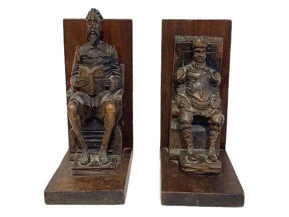 Pair of Antique Hand carved Spanish Don Quixote Bookends: Pair of Antique Hand carved Spanish Don Quixote Bookends. A charming set of elaborately hand carved wood bookends. Each standing 7 1/2 inches long.