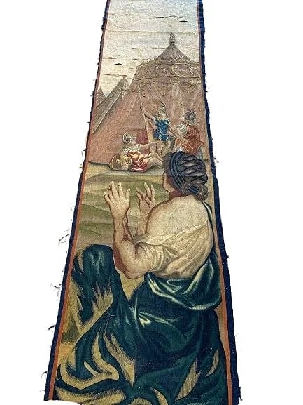 Antique Flemish 18th century Tapestry: Antique Flemish 18th century Tapestry hand woven in Silk & Wool. A rare and unusual long and narrow runner size tapestry measuring 2 feet 9 inches wide by 10 feet 10 inches long. A charming subject