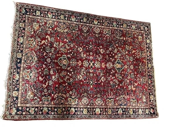 Antique Persian Sarouk scatter rug: Antique Persian Sarouk scatter rug measuring 3 feet 3 inches wide by 4 feet 7 inches long. A genuine hand woven antique Persian wool sarouk rug.