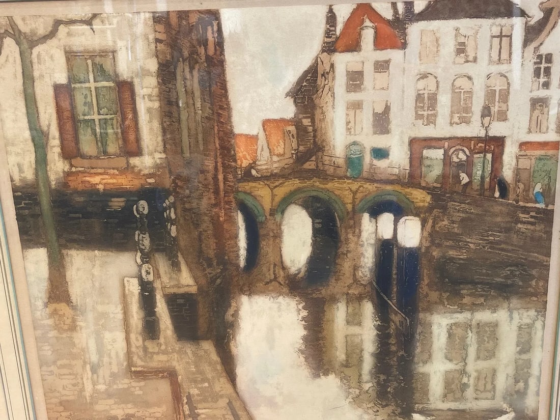 Julien Van Santen (1893-1936) Colored etching titled Malines Belgium: Julien Van Santen (1893-1936) Colored Etching titled Malines Belgium . A large scale colored antique etching with a glass covered etching measuring 27 1/2 inches wide by 31 3/8 inches long and sight p