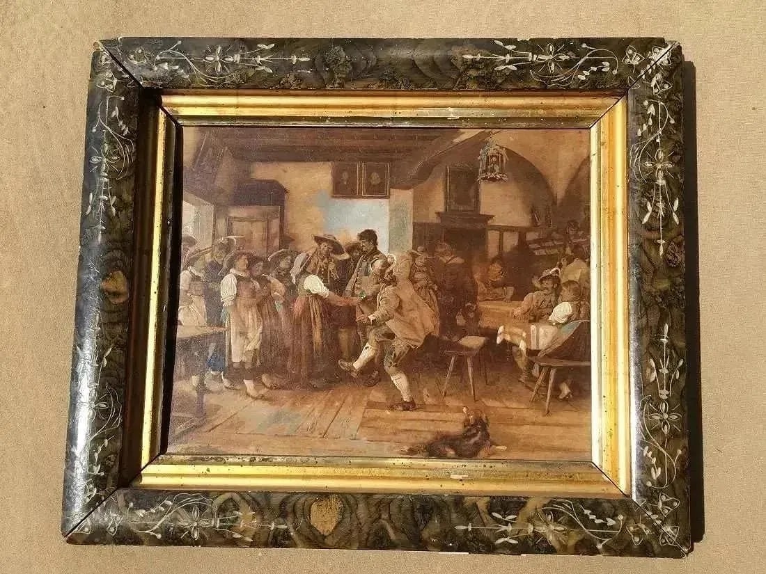 After Franz von Defregger Oil on board painting: After Franz von Defregger (Austrian 1835-1921) oil on board painting.Not signed. Sight measures 8 3/8 by 10 1/4 frame size 13 1/2 by 11 1/2 This work was tilted (auf dem tanzboden) On the dance floor.