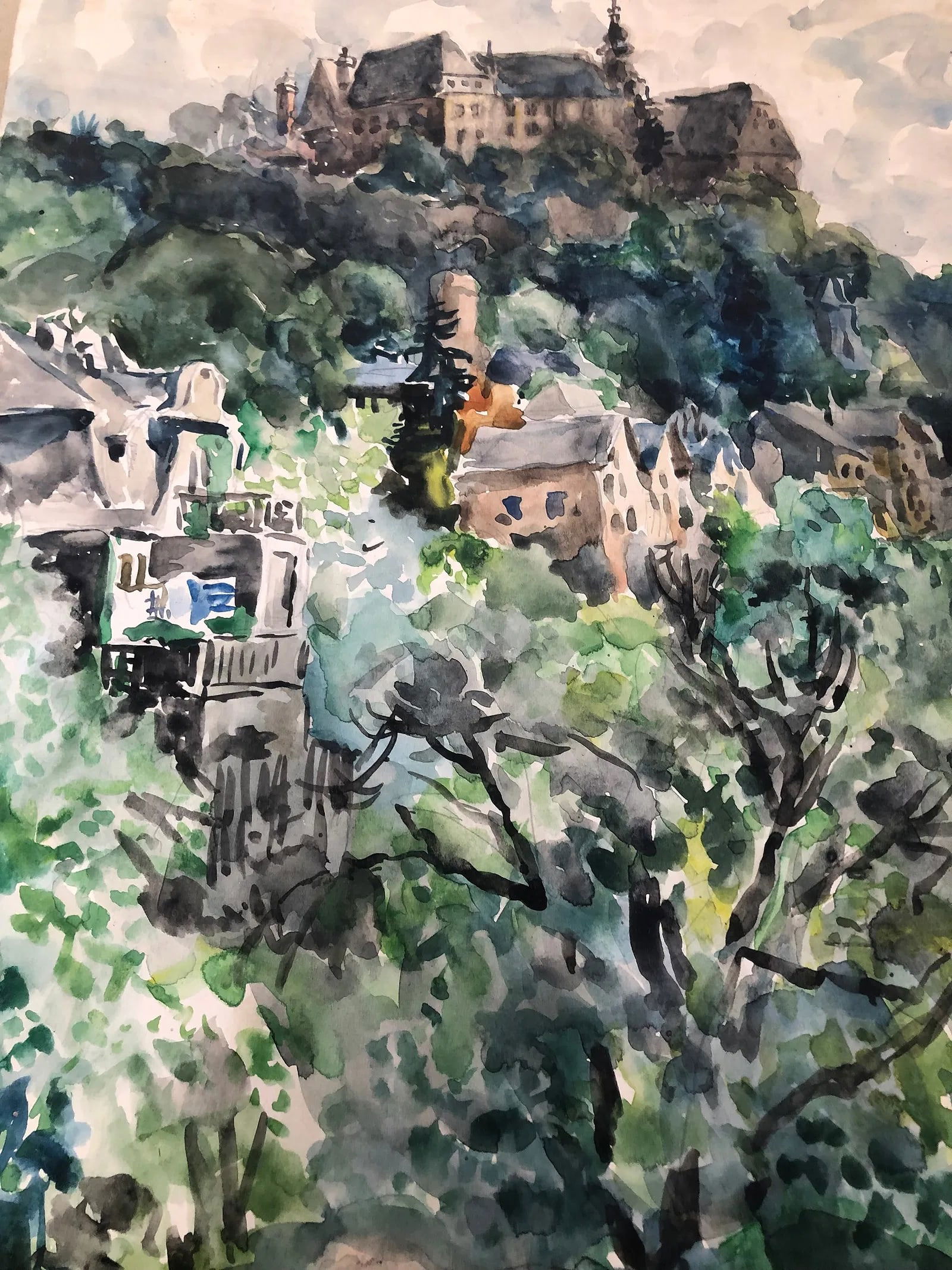 Old European Watercolor painting initialed R B & dated 45: Old European Watercolor painting initialed R. B & dated 45. Measures 16 inches wide by 21 inches long. This Lot is located in Boston Massachusetts and would be shipped from Massachusetts. The lot is a