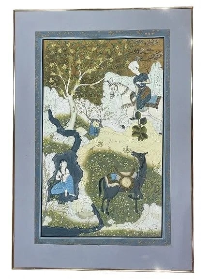 A large Indo Persian signed watercolor & Gouache painting: A large Indo Persian signed Watercolor & Gouache painting signed on the lower right. A unique & charming view of a horseman encounter Nude girl bathing in the river. Sight measures 21 inches wide by 3