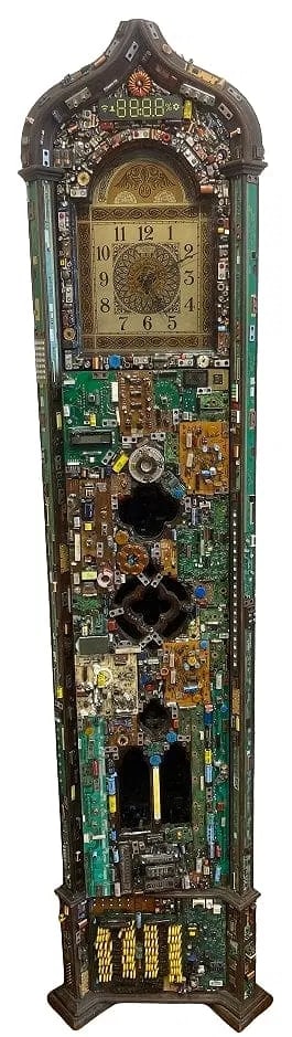 Unique Assemblage Art Avant-garde Circuit Board tall case Clock: A rare & Unique Assemblage Art Avant-garde Circuit board tall case grandfather clock. A singular looking & highly decorative object comprised of an antique clock case covered with many television, com