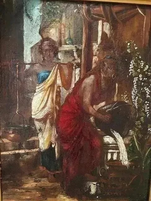 Diana Coomans (Belgian,1861-1952) Oil on board painting: Diana Coomans (Belgian,1861-1952) Oil on wood panel painting.Signed lower left. A beautiful detailed subject of maidens by a water well in Lion.Sight size: 8" 1/2 by 10" 3/4.Frame measurements : 15" b