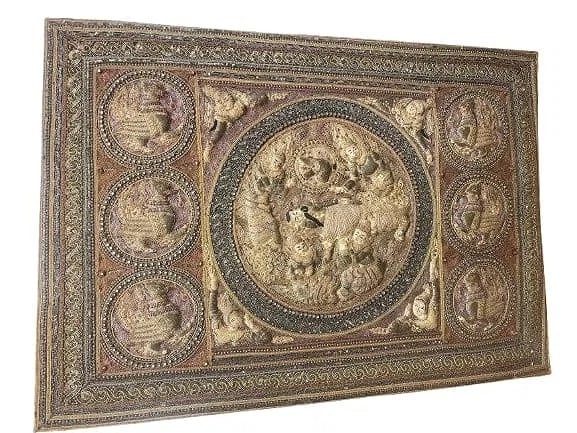 Old Burmese Embroidered Kalaga hand sewn textile: Burmese Kalaga tapestry, a heavily embroidered and appliquéd textile native to Myanmar (Burma). The term "Kalaga" translates to "curtain" in Burmese, though locals refer to it as shwe gyi do, meaning