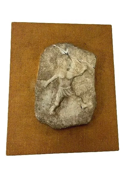 Old Pre columbian style Stone hand carved relief: Old Precolumbian style Stone hand carved relief. Unusual Hand carved figure of a Male Hunter with spear & stone in hand. Stone carved relief representing a hunting scene. Pre-Columbian style, possibly