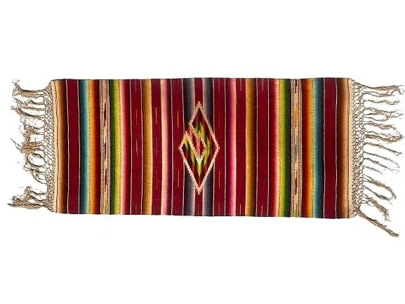 Old Saltillo Serape handwoven textile blanket: Old Saltillo Serape handwoven textile blanket measuring 14 1/2 inches wide by 34 inches long. A finely woven wool Saltillo Serape with cotton foundation and tassels. A Happy & colorful decorative