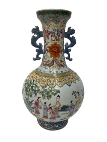A Chinese Republic Famille Rose Porcelain Vase: A Chinese Republic Famille Rose porcelain vase featuring FEMALE FIGURES, scenic figures, polychrome decoration, and blue handles. Style: Famille rose palette with scenic figure decoration.Features: