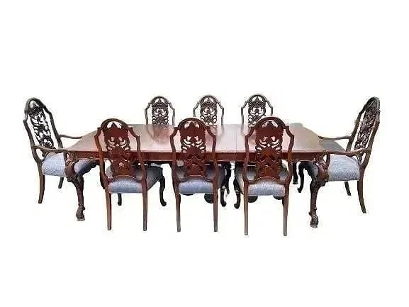 Antique dinning room set of 8 mahogany chairs & a table: Antique dinning room set comprised of 8 mahogany chairs & a large dinning table. The dinning table includes two center leafs and it measures a total of 96 inches long , 42 inches 1/2 wide and 29 inch 