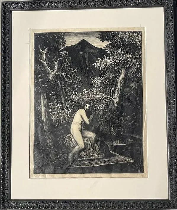 Arno Naumann (1887-1959) Czech , Susanna & the Elders Wood cut Etching Pencil signed: Arno Naumann (1887-1959)czechoslovakia ,Large wood cut , Etching Pencil signed and titled illegibly on the lower left. It is the story of the Susanna & the Elders from the old testament.A large nude