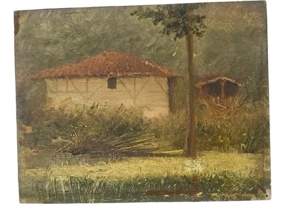 Antique European Spanish oil on board painting: Antique European Spanish oil on board painting signed & inscribed on the upper right measuring 5 1/2 inches wide by 7 inches long. A unique charming oil painting by an unknown artist. illegibly