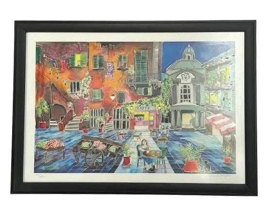 A Linnea Pergola limited edition serigraph titled Roma Cafe: A Linnea Pergola limited edition serigraph titled Roma Cafe. Pencil signed lower right and numbered 187 of 2250. A rich colorful impression housed in glass covered frame.The Frame measures 15 1/8