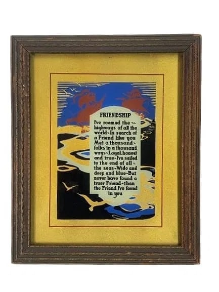 Friendship Reversed Glass art work: Friendship Reversed Glass art work measuring 9 1/2 inches wide by 11 1/2 inches long.