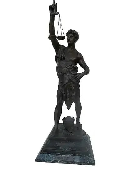 EMILE LOUIS PICAULT (1833-1915) Gloira Justicia bronze statue: EMILE LOUIS PICAULT (French 1833-1915) A bronze spelter SCULPTURE titled Gloira Justicia. Signed E PICAULT statue of a male figure holding a scale of justice with inscription of les droits de L'homme 