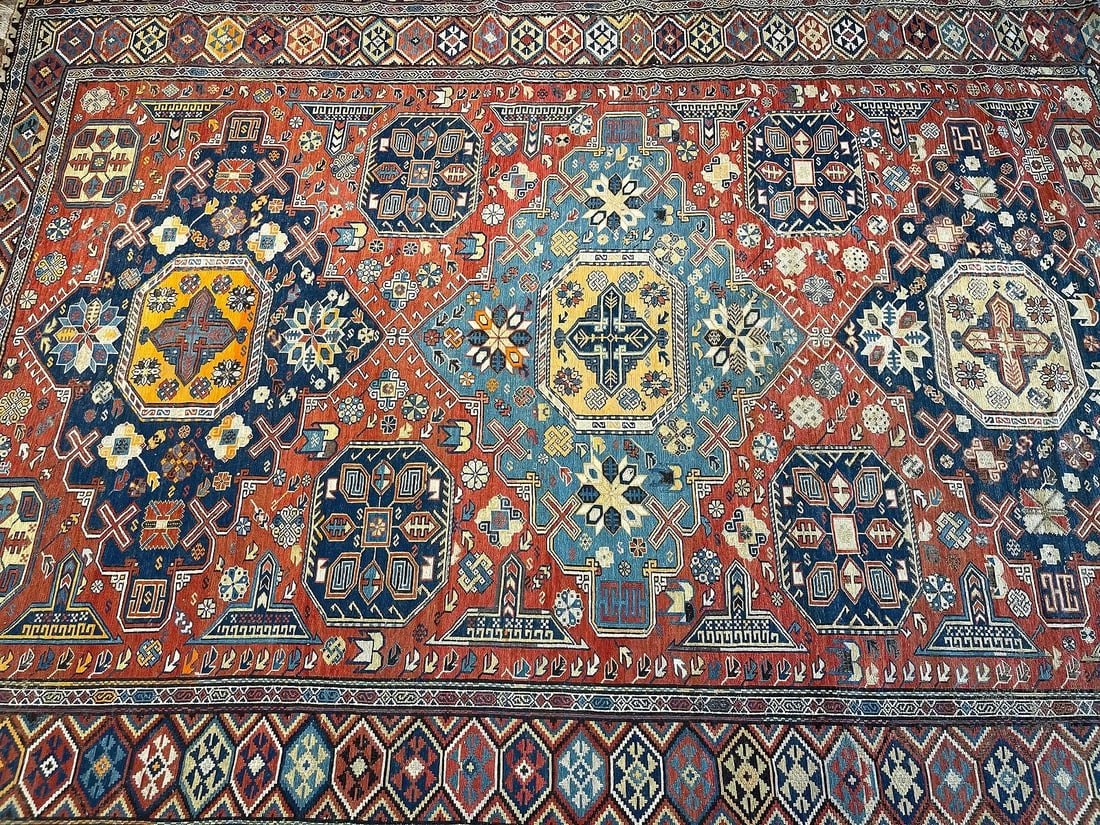 Important Antique Caucasian Sumak Geometric Tribal rug: Important Antique Caucasian Sumak / Soumak Geometric Tribal rug made with pure wool on wool foundation. A rare and prized antique Caucasian Sumak flat woven tribal rug measuring 7 feet 5 inches wide b