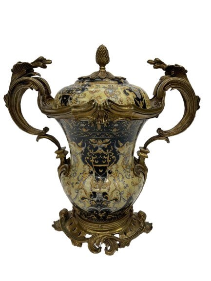 A large hand painted Porcelain & Bronze handled centerpiece Urn vase (1 of 20)
