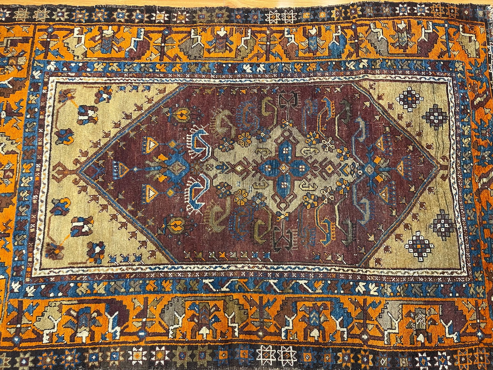 Antique Turkish scatter handwoven rug: Antique Turkish scatter handwoven rug measuring 3 feet 8 inches by 5 feet 5 inches long. A wool pile on wool foundation Transylvanian tribal scatter hand knotted rug.