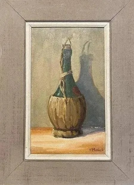 M Murdock Oil on board still life painting: M Murdock Oil on board still life painting. Signed M. Murdock on the lower right. A Charming painting of a bottle. Frame Measures 16 inches wide by 21 1/2 inches long. The sight of the work measures 7