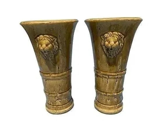 Pair of Italian hand glazed pottery vase: A Pair of Italian hand glazed pottery vase with Double lion design. Each vase measures 13 inches tall.