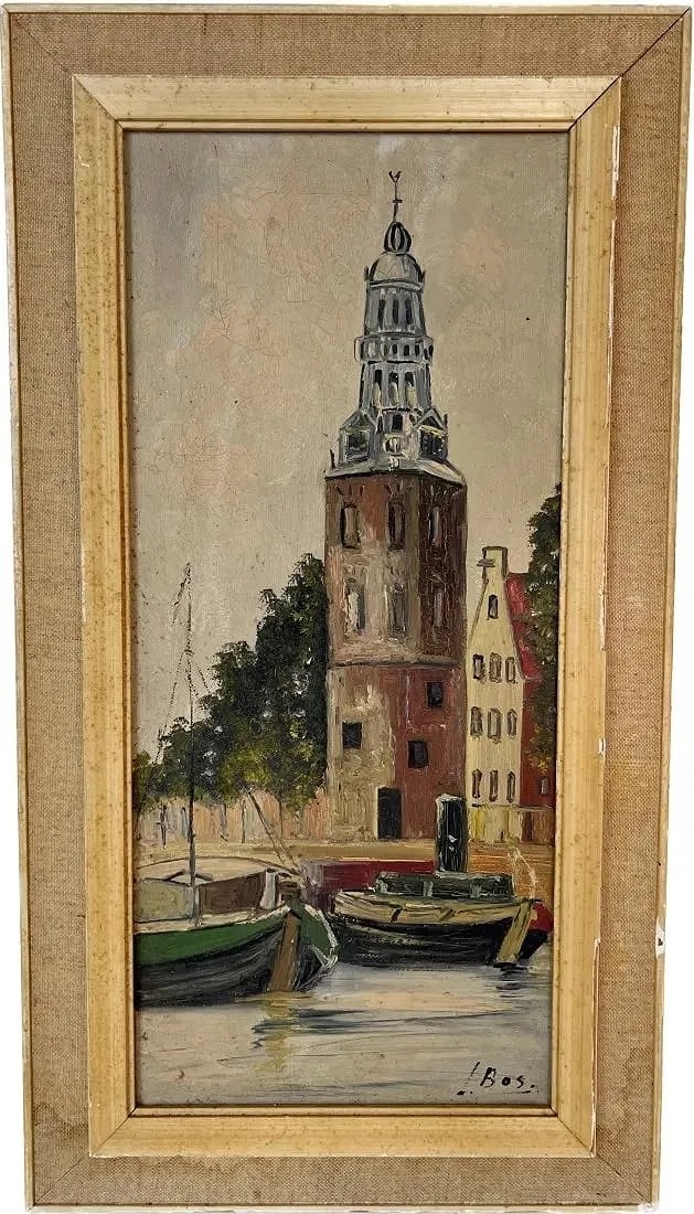 L Bos Oil on canvas Painting: L Bos Oil painting on canvas.Boat scene,Cream color frame.Artist signed bottom right L. Bos. Size with frame 19 in L x 10.5 in W. Sight 15.25 in L x 7 in W.
