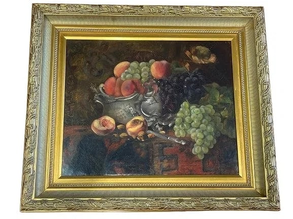 Antique Oil on Canvas still life illegibly signed & dated: Antique Oil on Canvas still life illegibly signed & dated lower right Anna Tiernny ?!? frame measuring 28 3/4 inches wide by 33 inches long. the sight measuring 19 3/4 inches wide by 24 1/4 inches