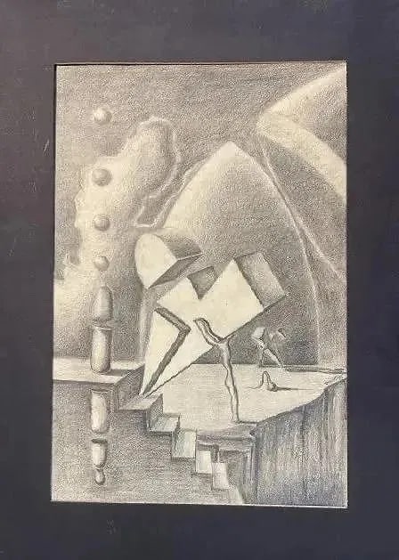 Thoyt Surrealism Charcoal drawing signed & dated: Thoyt Surrealism Charcoal drawing on paper signed & dated THOYT 79 lower right. A unique hand drawn Surrealism school , possibly a follower of Salvador DALI. Sight measures 11 3/8 inches wide by 17