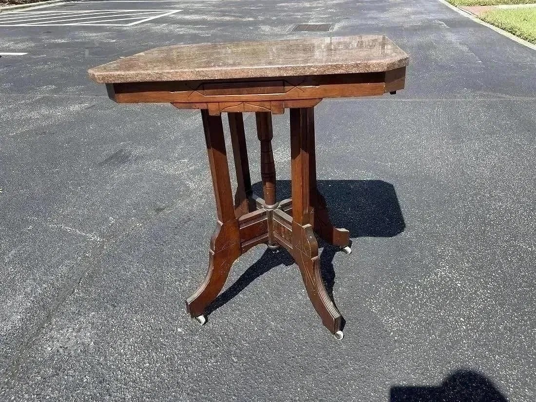 A Victorian Walnut Table with Marble Top - 11