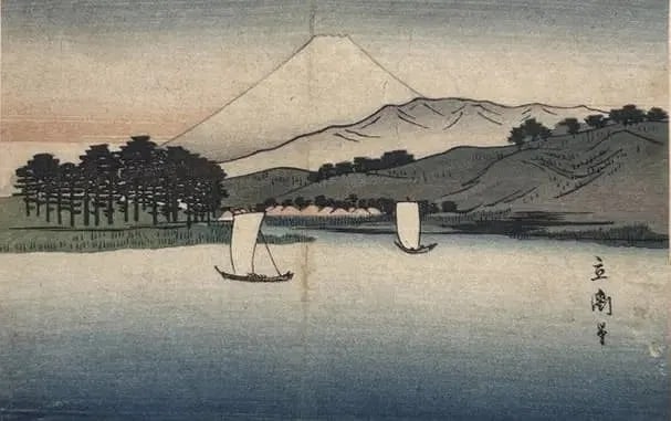 Japanese woodblock print: Japanese woodblock print Full sheet size measures 10 1/4 inches wide by 15 1/4 inches long. hinged to a larger board measuring 14 by 19 1/2 inches.
