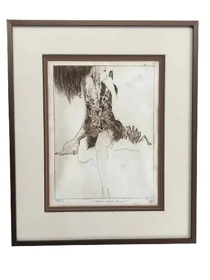 A drypoint etching by an unknown artist: A drypoint etching by an unknown artist. Titled & Signed illegibly on the lower bottom. Plate mark sight measures 8 3/4 inches wide by 11 3/4 inches long. the glass covered frame measures 16 1/2