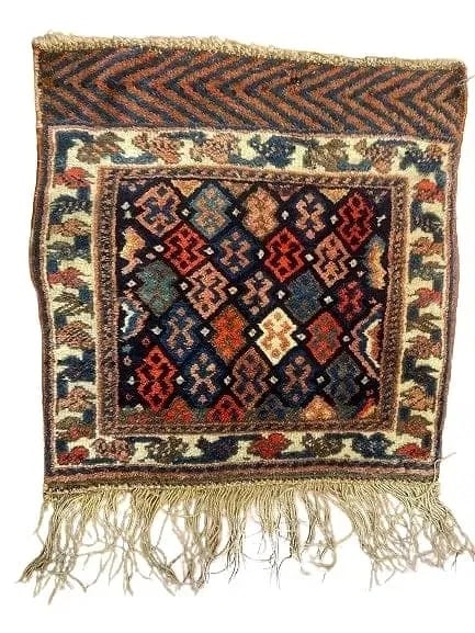 Antique Persian Kurdish Jaffe Bagface: Antique Persian Kurdish Jaffe Bagface handwoven wool on wool measuring 23 inches wide by 23 inches long.