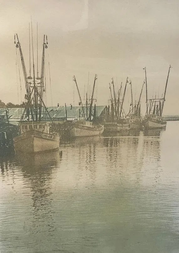 Illegibly pencil signed large colored etching titled St Mary's Landing (1 of 12)