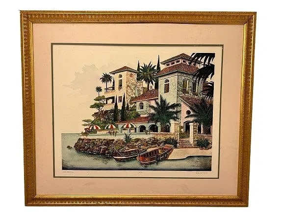 A DAN MITRA large Etching pencil signed , titled & numbered: A DAN MITRA large Etching. A limited edition color etching on wove cream paper pencil signed lower right , titled Costa Marmifera & numbered 16 of 750.Frame measures 35 inches wide by 41 inches long, 