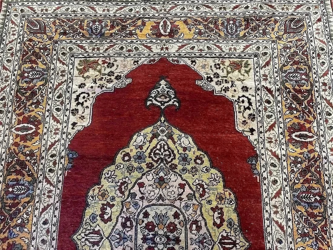 Antique Silk Turkish handwoven rug: Antique Silk Turkish handwoven rug measuring 4 feet 4 inches wide by 6 feet long together. A finely woven Pure Silk on silk Turkish rug. Please read the condition report below & examine all posted ima