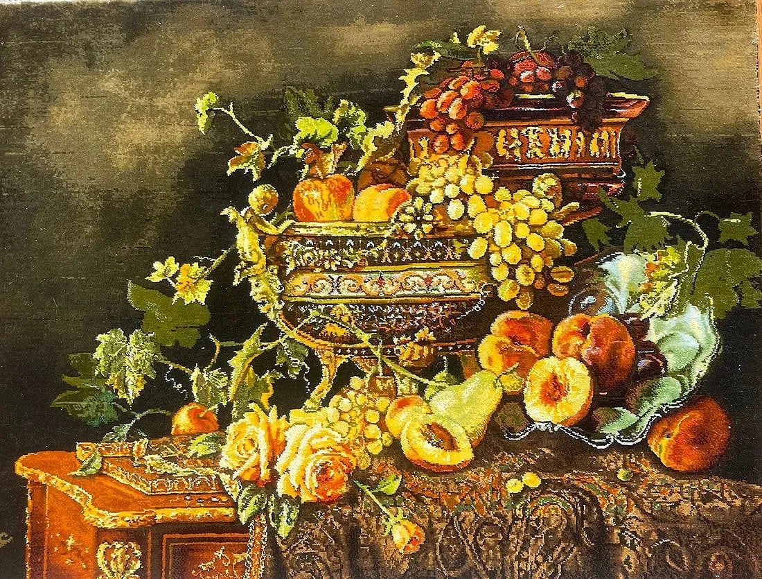 A Persian Tabriz Silk & Wool Pictorial Still life hand woven rug: A Persian Tabriz Silk & Wool Pictorial still life of a fruit bowl hand woven rug. Signed lower left: AZIMA. Measuring 2 ft 1 inch by 2 feet 9 inches long. A silk foundation silk highlights on wool pil