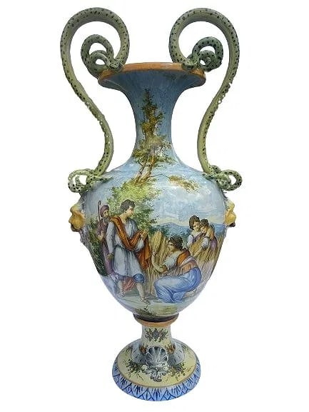 A Monumental Italian Majolica with ornate serpentine handles: A Monumental Italian Majolica Vase hand painted & glazed with ornate serpentine handles. A beautiful hand painted Mythological & landscape Scenes with ornate double serpentine scroll snakes