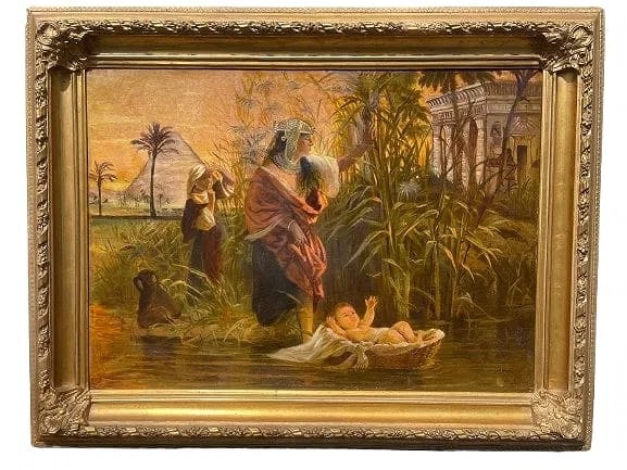 Oil on Canvas after Bernhard Plockhorst: A Large Oil on Canvas painting after Bernhard Plockhorst titled The Finding of Moses. Signed on the lower right B Plockhort.Sight measures 28 1/4 inches wide by 39 1/2 inches long. The gilded wooden