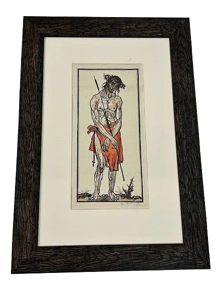Old European Woodblock of Jesus pencil signed: Old European Woodblock of Jesus pencil signed lower right. frame measurements are 17 inches wide by 24 1/4 inches long. The sight measures 7 inches wide by 14 inches long. A rich and vivid woodblock