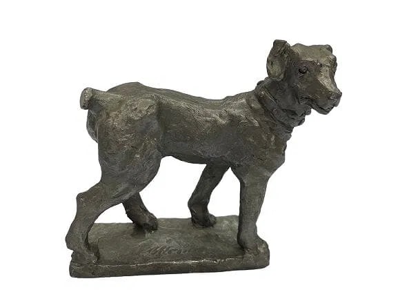 A Paul Herzel Dog Statue: A Paul Herzel Dog Statue. a heavy metal statue signed on the base. measures about 5 inches tall by 4 inches long.A charming decorative well casted statue of a dog.Paul Herzel was born in Silesia,