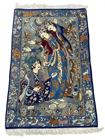 A Persian Isfahan Silk & Wool Pictorial hand woven rug: A Persian Tabriz Silk & Wool Pictorial hand woven rug. Measuring 2 ft 4 inches wide by 3 feet 6 inches long. A silk foundation silk highlights on wool pile fine Persian Tabriz rug.