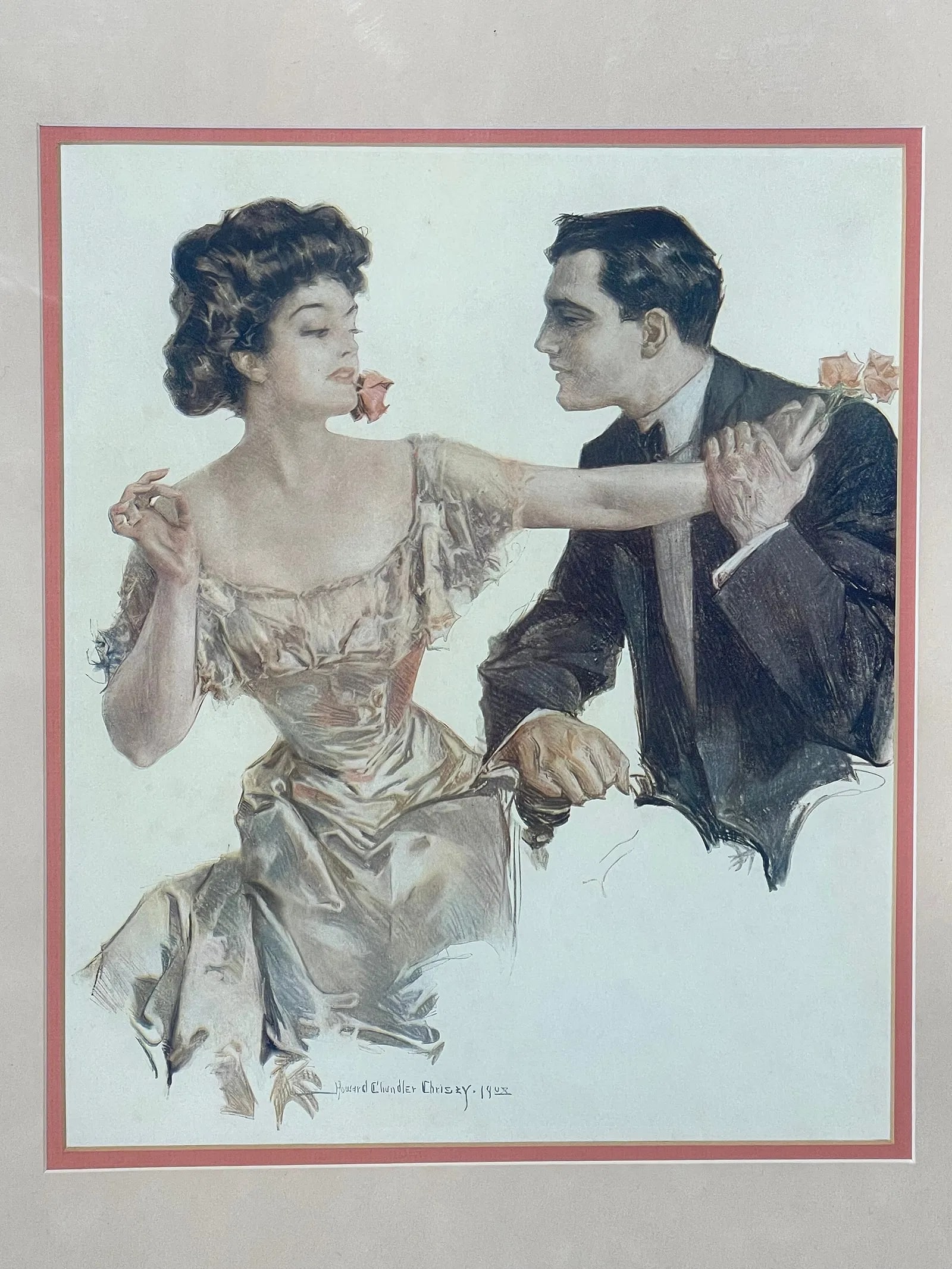 Howard Chandler Christy (1872 – 1952) A couple in love art work: Howard Chandler Christy (1872 – 1952) Print of a couple in love. Sight measures 11 inches wide by 13 inches long. Glass covered frame measuring 22 inches wide by 25 1/2 inches long.Howard Chandler