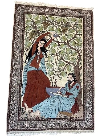 A Persian Tabriz pictorial rug: A Persian Tabriz Pictorial wool rug measuring 4 feet 1 inches wide by 6 feet 1 inches long. A Genuine hand knotted wool with an Omar khayyam poems subject with a young lady pouring red wine for the po