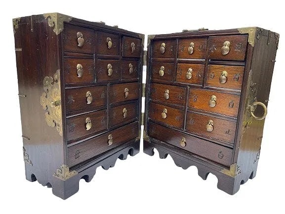 Asian Apothecary medicine cabinet with multi drawers: Asian Apothecary medicine cabinet with multi drawers. A Korean or Chinese Apothecary medicine cabinet with multi drawers measuring 14 1/4 inches tall by 11 3/4 wide by 11 3/8 inches long. A double