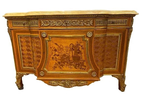 A French LOUIS XVI STYLE COMMODE AFTER THE MODEL BY JEAN-HENRI RIESENER: A French LOUIS XVI STYLE COMMODE AFTER THE MODEL BY JEAN-HENRI RIESENER . A satine, burrwood, amaranth, flower-head trellis-parquetry on sycamore veneer with ebony and boxwood stringings, fruitwood