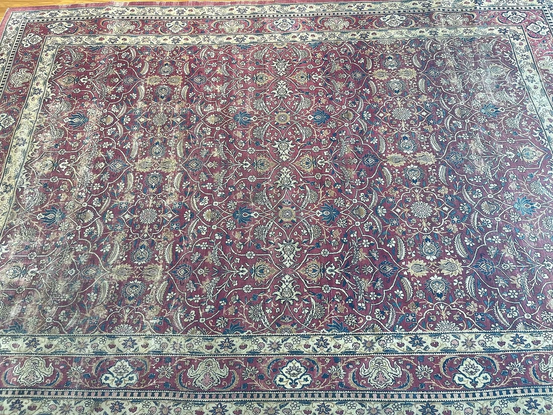 Antique Persian Lavar Kerman room size rug: Antique Persian Lavar Kerman room size rug measuring 7 feet 8 inches wide by 11 feet 2 inches long. A genuine Antique handwoven wool Persian all over floral kerman rug on a burgundy color field with i