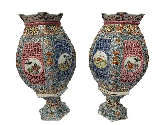 A Pair of Fine Antique Chinese Porcelain Famille Rose Porcelain Wedding Lanterns Lamps: A Pair of Fine Antique Chinese Porcelain Famille Rose Porcelain reticulated Wedding Lanterns Lamps. A beautiful pair of reticulated Chinese porcelain lanterns with a stand each measuring 15 1/2 inches