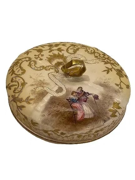 Antique French Sevre porcelain Butter plate holder with a lid cover: Antique French Sevre porcelain Butter plate holder with a lid cover. A hand painted and signed MUVILLE French Sevre porcelain butter or candy serving plate with a gilded lid cover.